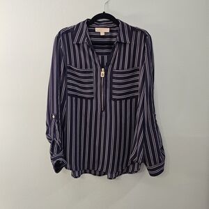 Michael Kors Navy and White Striped Zip-Front Tunic Collared Blouse